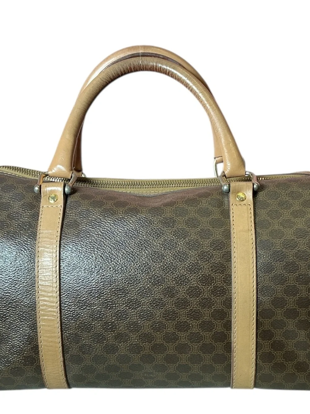 Vintage 80s Celine Triomphe Macadam Coated Canvas Leather Mini Bowler Speedy Bag